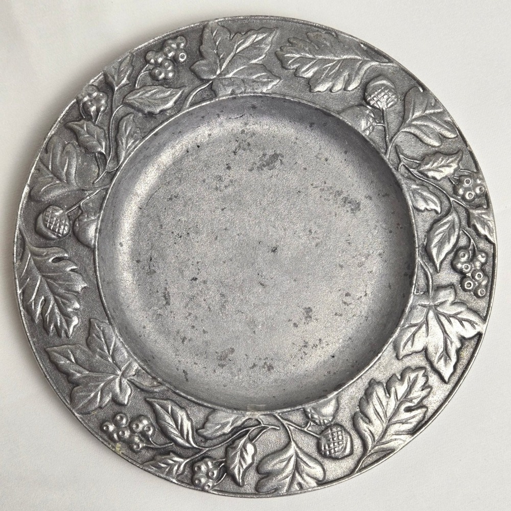 Longaberger Falling Leaves & Acorns Autumn Pewter Candle Plate, 8.5", Vintage